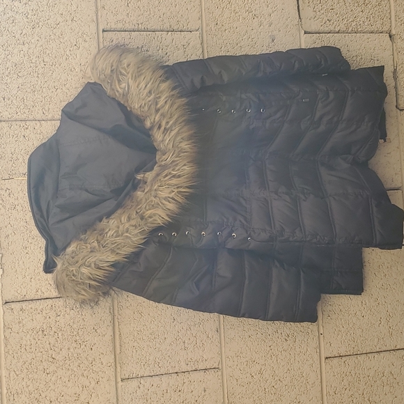 Betsey Johnson Black Faux Fur Trim Hood Lace Up Puffer Coat Jacket. - Picture 12 of 16